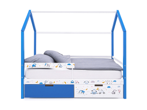 Кровать-домик Svogen с фото с ящиками и бортиком синий/барашки